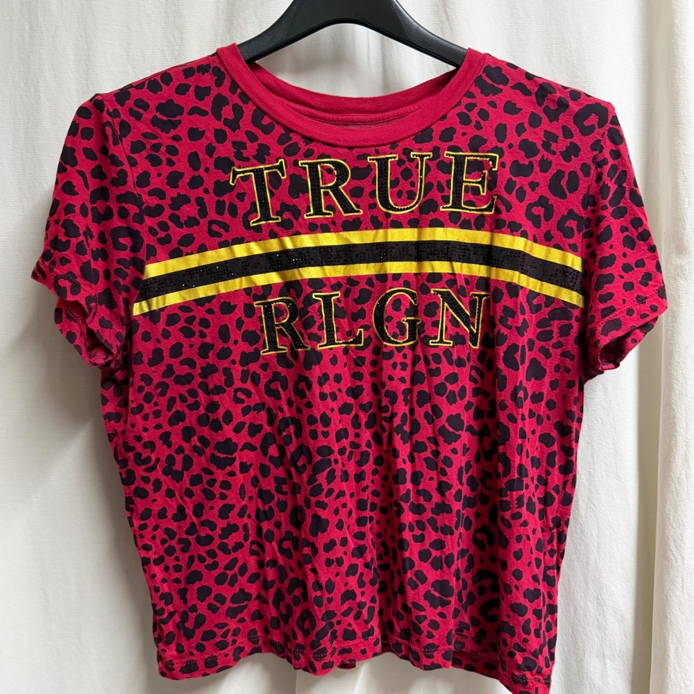 True Religion Women Red Leopard Print Graphic T-Shirt Rhinestone XL Cotton Modal